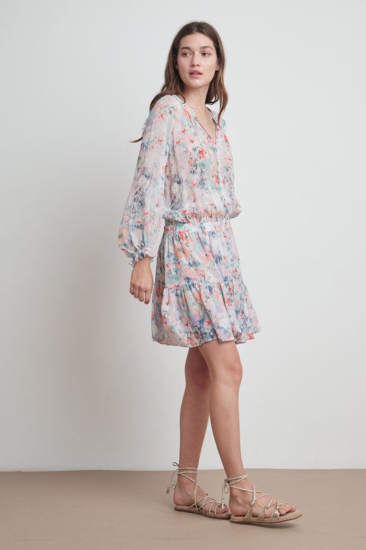 LEAH PRINTED VISCOSE PEASANT DRESS IN WATERCOLOR PRINT