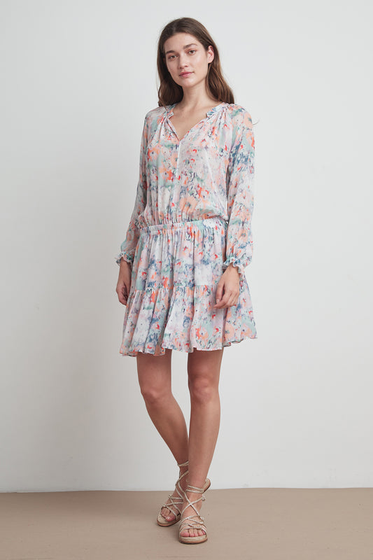 LEAH PRINTED VISCOSE PEASANT DRESS IN WATERCOLOR PRINT