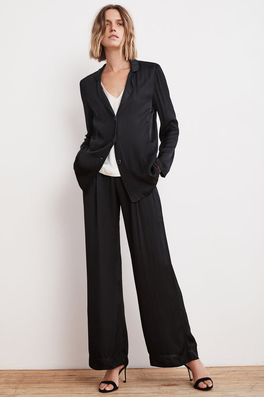 ALVARA SATIN VISCOSE BUTTON UP TOP IN BLACK