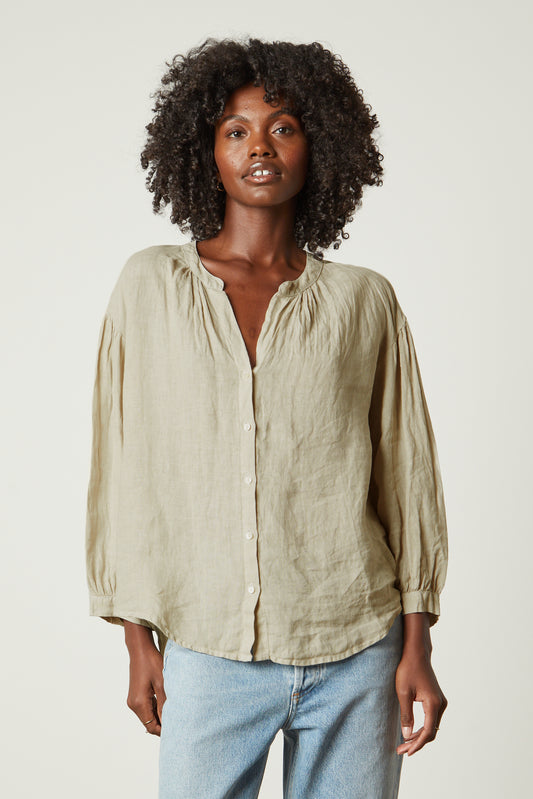 MATEA WOVEN LINEN TOP IN COBBLE