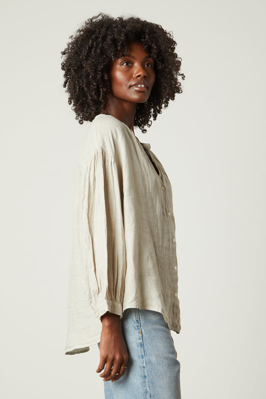 MATEA WOVEN LINEN TOP IN COBBLE