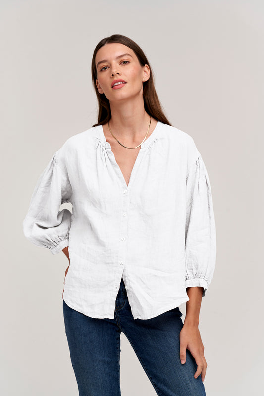 MATEA WOVEN LINEN BUTTON UP BLOUSE IN WHITE