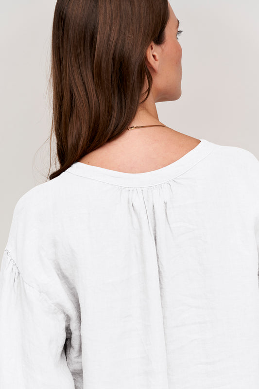 MATEA WOVEN LINEN BUTTON UP BLOUSE IN WHITE